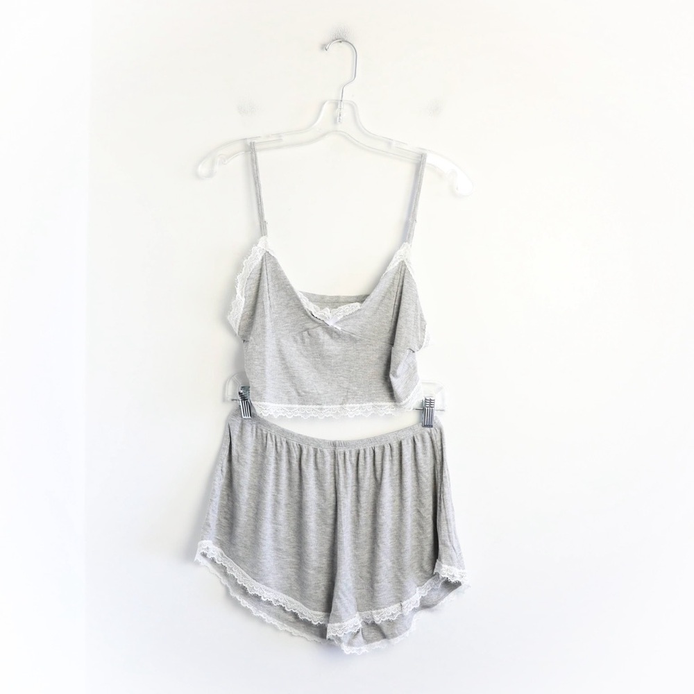 NWOT Grey Lace Pyjamas Two Piece Sleeveless pajamas new sleepwear cotton soft - Picture 2 of 12